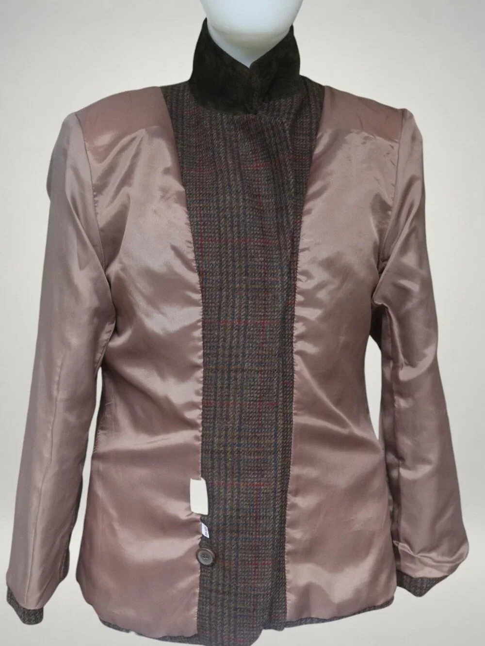 Vintage Wool Plaid Blazer Suede Trim Jacket Women 12 Made in Russia